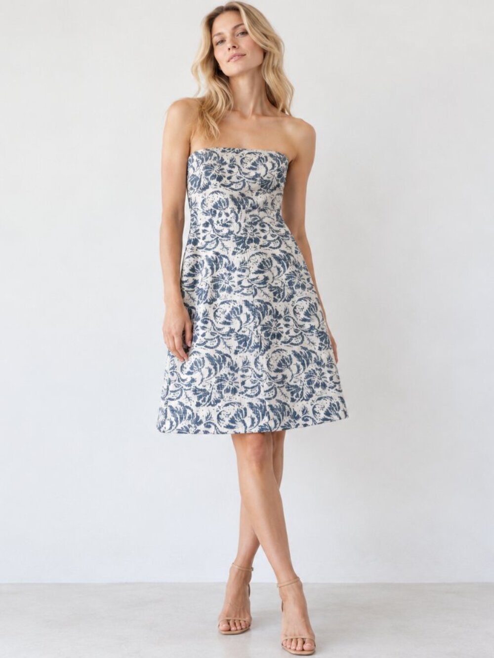 J. Crew Petite Blue White Floral Jacquard Strapless A-Line Dress
